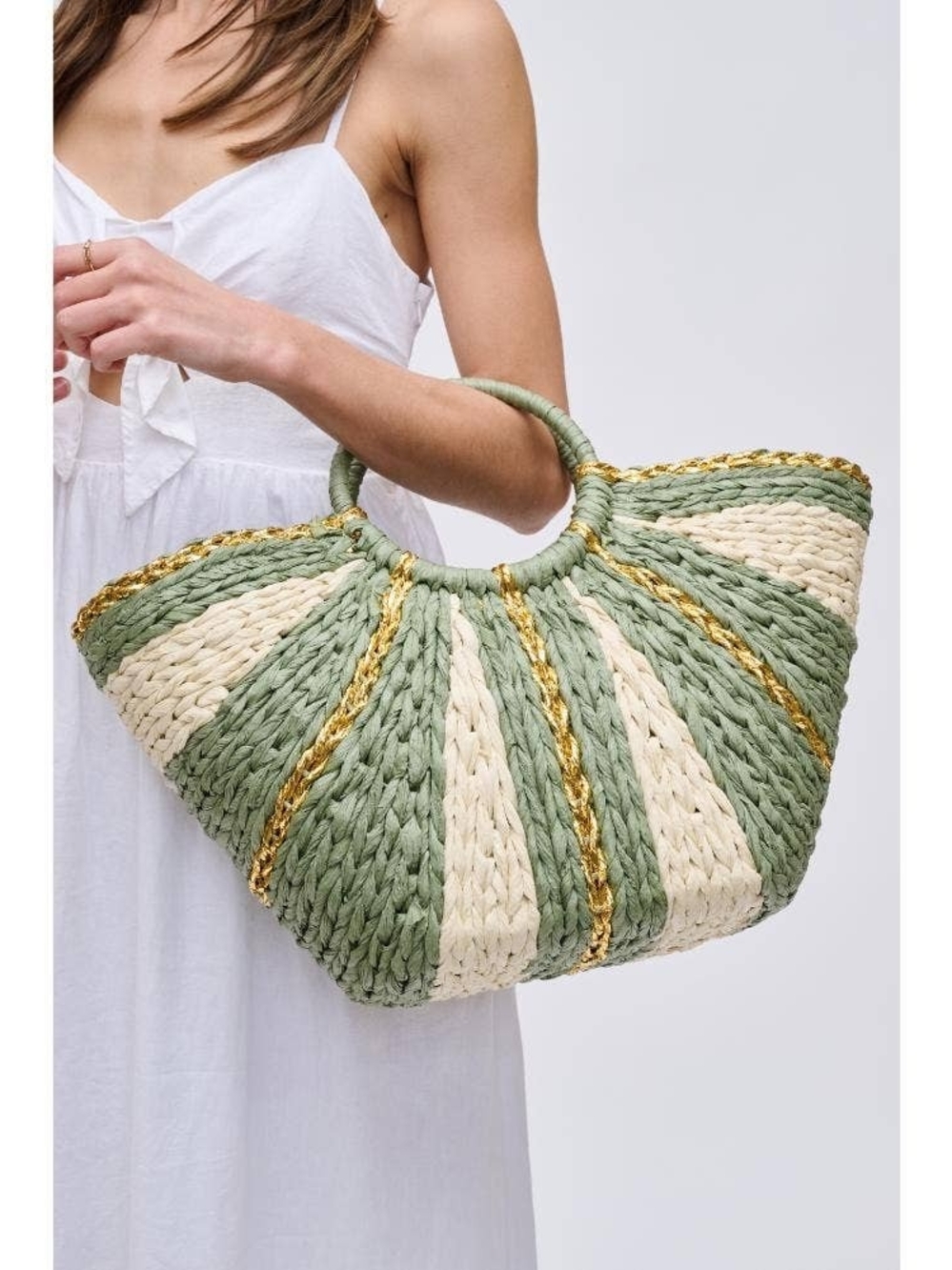Urban Expressions Sage & Cream Woven Tote with Gold Trim